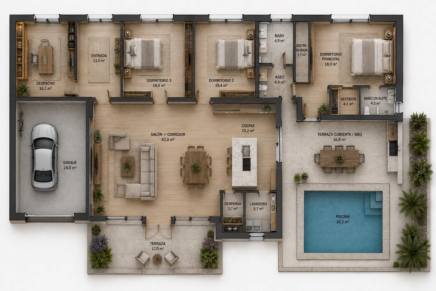 Casa Costa, plano con superficies por estancia