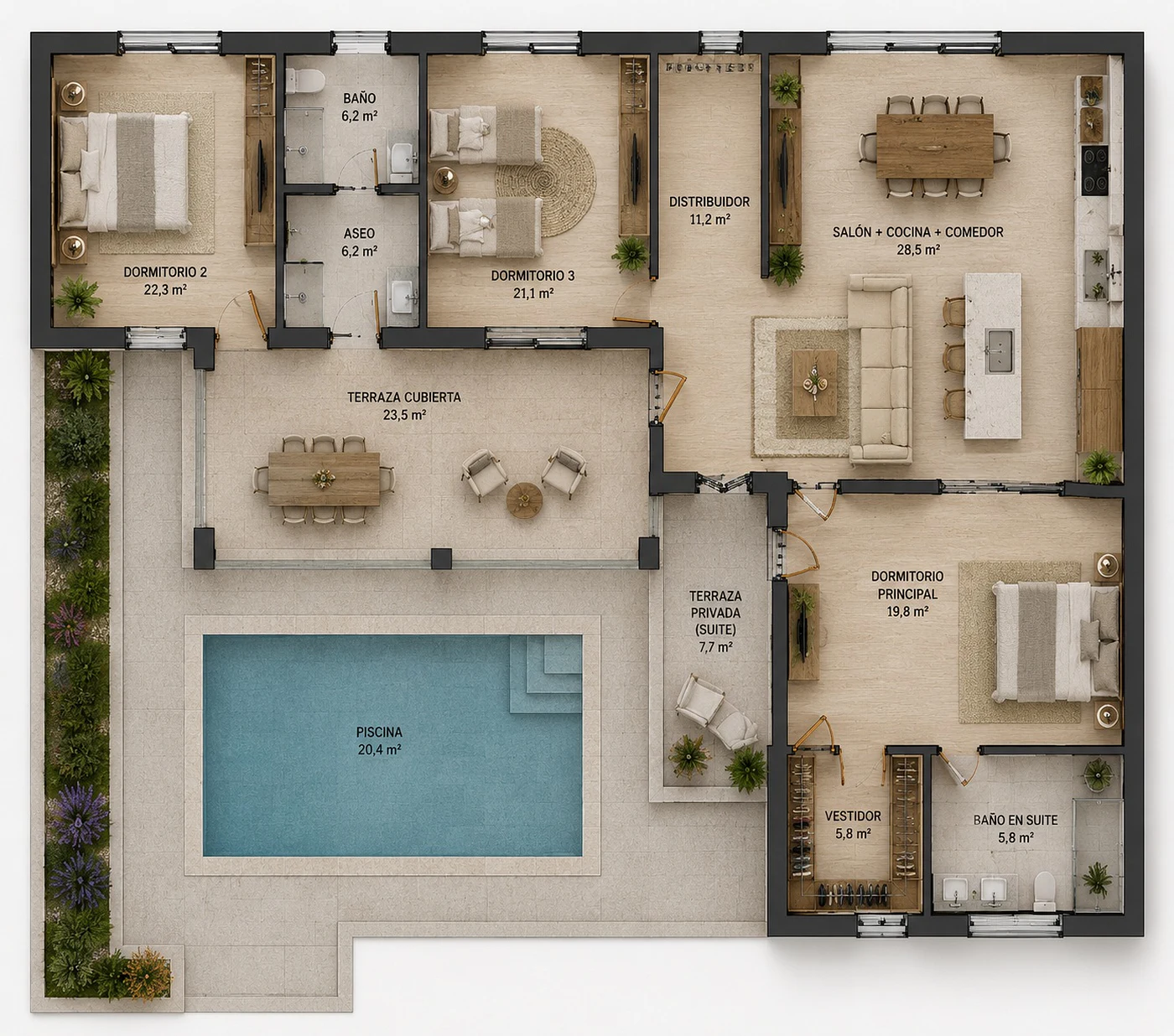 Casa Mar, plano con superficies por estancia